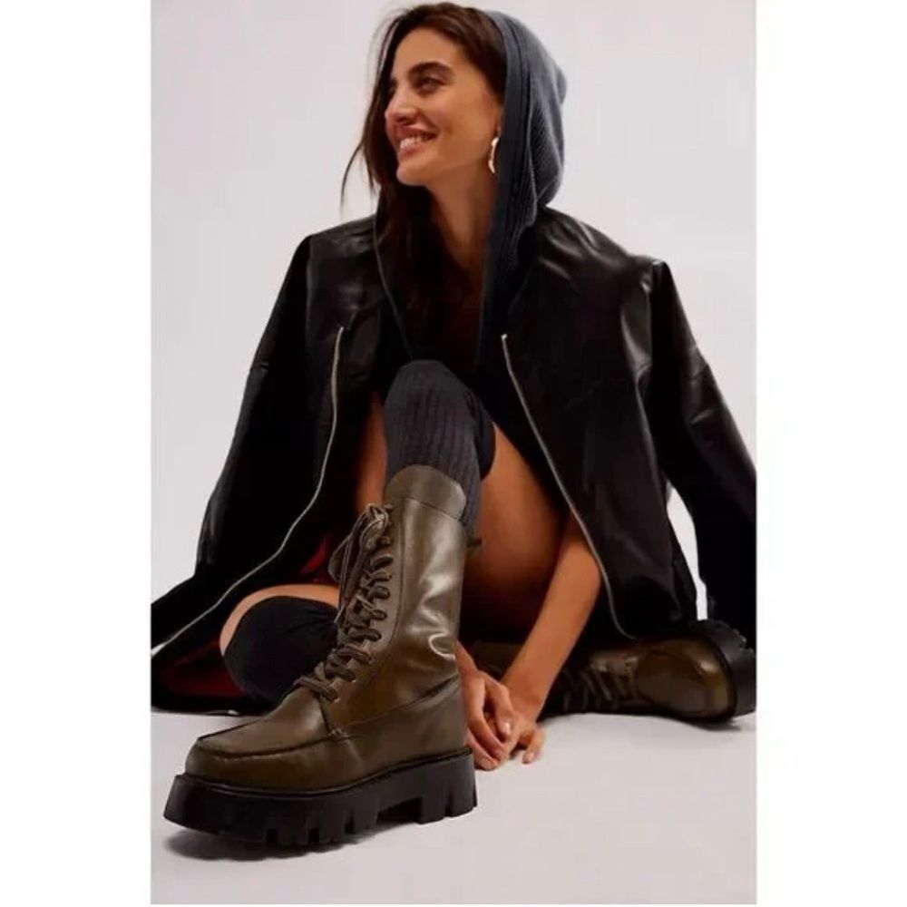 Free People JONES Lug Sole Olive Green Lace Up Side Zip Combat Boots